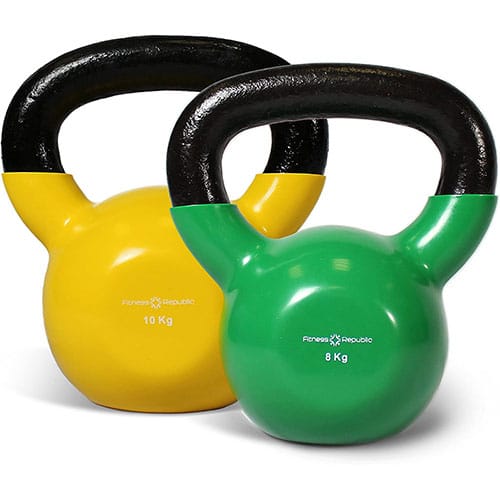 yellow and green vinyl covered cast iron kettlebells
