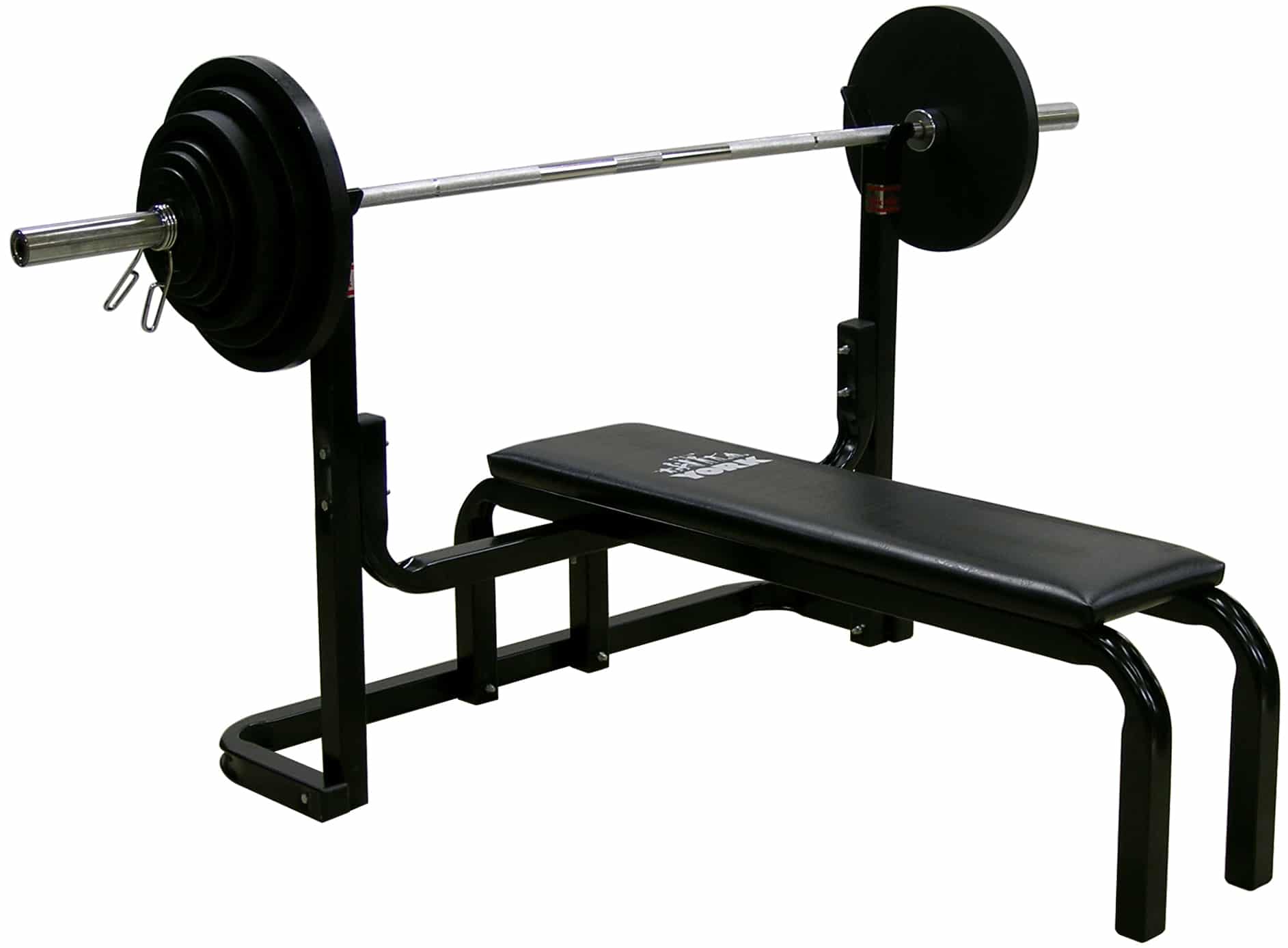 York black bench press with barbell and weight plates
