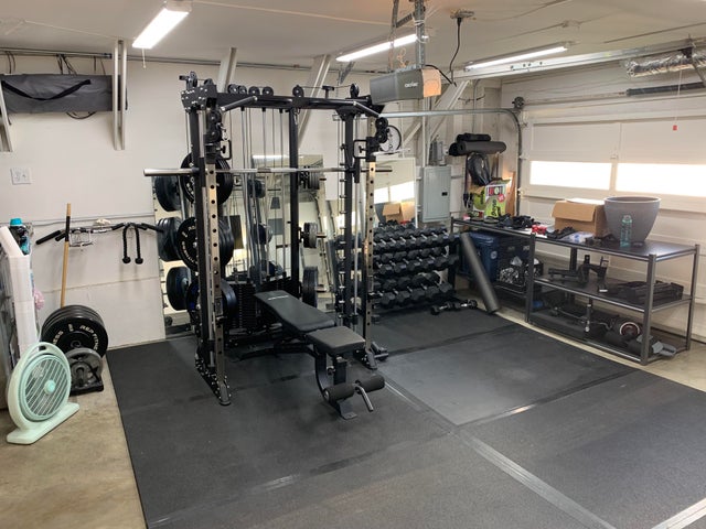 full garage gym with storage