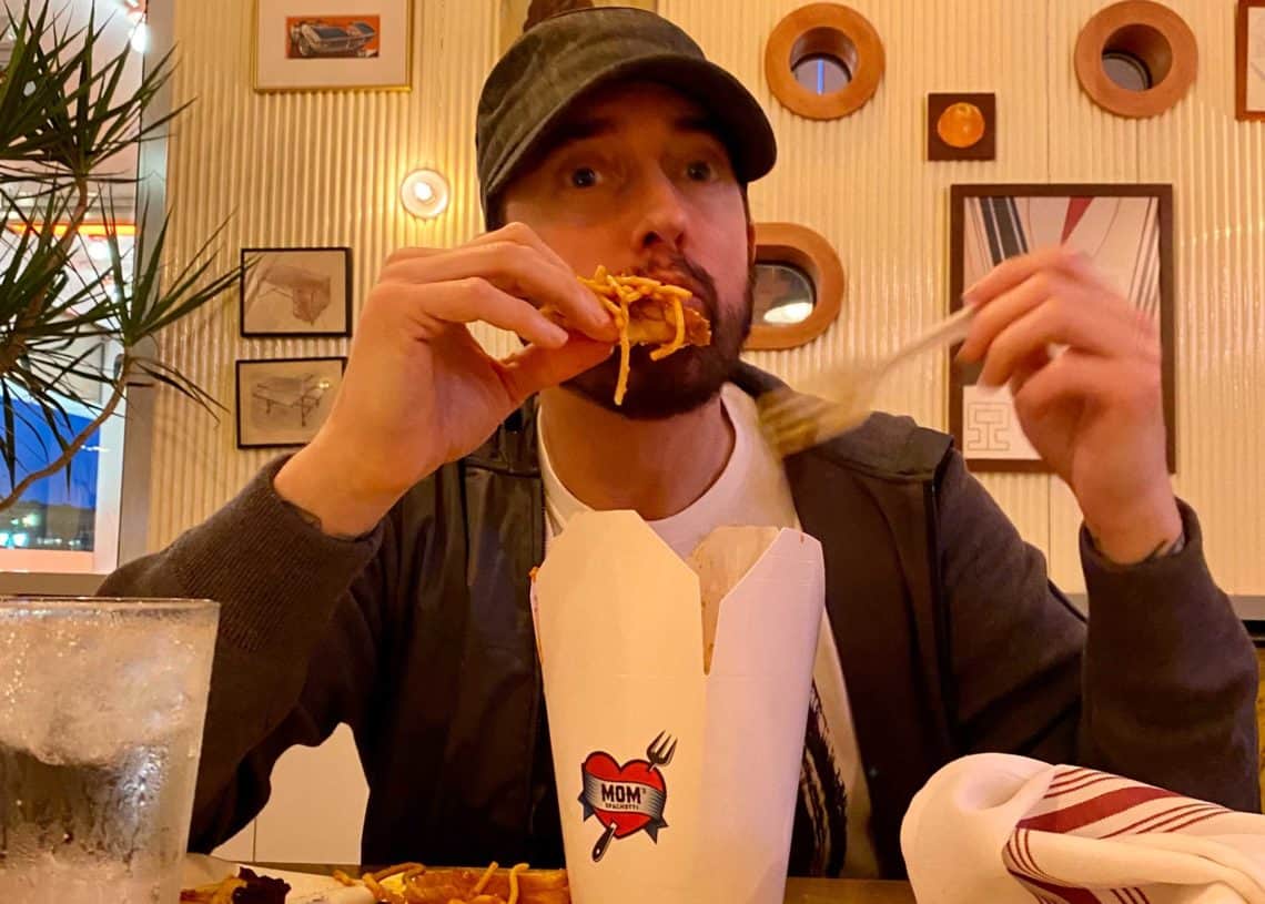 Eminem Eating Spaghetti at his Restaurant Mom's Spaghetti