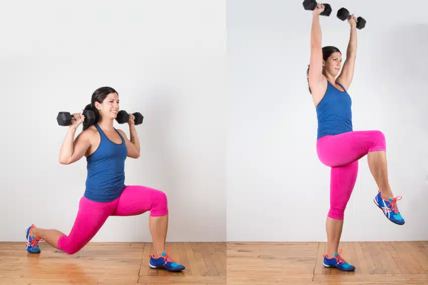Woman Doing Lunge Press With Dumbbells Woman Doing Lunge Press With Dumbbells